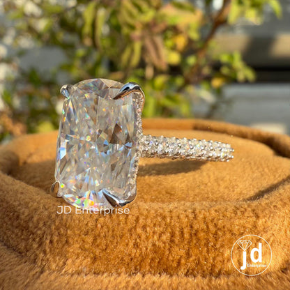 7.00 CT Colorless Elongated Cushion Cut Moissanite Engagement Ring, Three Row Micro Pave Wedding Ring, Hidden Halo Ring, Accent Bridal Ring