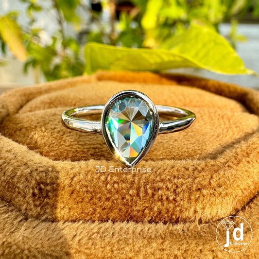 Timeless Bezel Set Engagement Ring, 1.00 CT Pear Rose Cut Blue Moissanite Propose Ring, Solitaire Wedding Ring, Anniversary Ring for Women