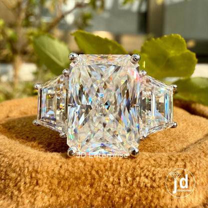 11.00 TCW Large Radiant Cut Moissanite Engagement Ring, Three Stone Celebrity Style Wedding Ring, Trapezoid Cut, Claw Prongs, Bride Ring Set