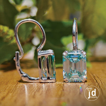 4.72 TCW Cyan Blue Emerald Cut Moissanite Engagement Earrings, Moissanite Wedding Earrings, Dangle Drop Bridal Earrings, Proposal Earrings