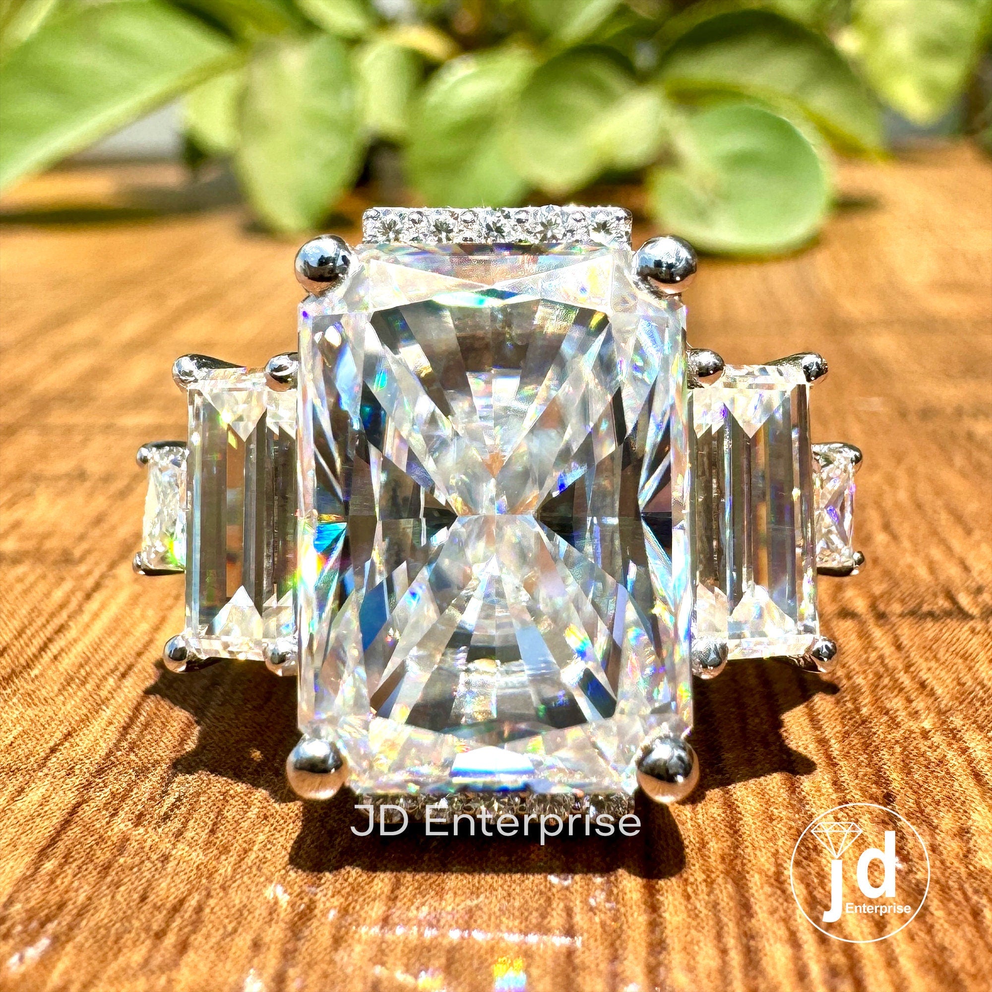 10.34 TCW Colorless Radiant Cut Moissanite Ring, Five Stone Moissanite Wedding Ring, Half Halo Ring for Women, Moissanite Engagement Ring