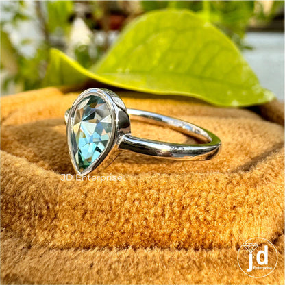 Timeless Bezel Set Engagement Ring, 1.00 CT Pear Rose Cut Blue Moissanite Propose Ring, Solitaire Wedding Ring, Anniversary Ring for Women