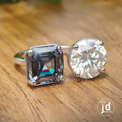 6.10 TCW Colorless Round & Dark Grey Asscher Cut Moissanite Engagement Ring, Two Stone Wedding Ring, Basket Set Toi at Moi Open Gap Ring