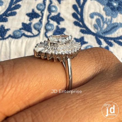Celebrity Style Marquise Moissanite Engagement Ring, 2.15 TW Baguette and Round Cut Double Halo Wedding Ring, Starburst Halo Bridal Ring