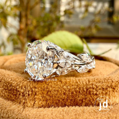 Floral Oval Cut Moissanite Engagement Ring, Vintage Wedding Ring, Cluster Hidden Halo Bridal Ring, Infinity Twisted Pave Anniversary Ring