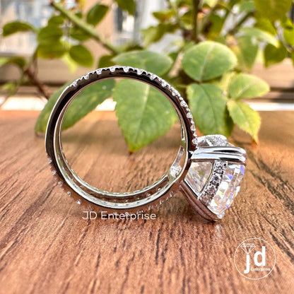 Large 7.25 CT Elongated Cushion Cut Moissanite Ring, Hidden Halo Engagement Ring, Dual Shank Wedding Ring, Pave Set Celebrity Style Ring