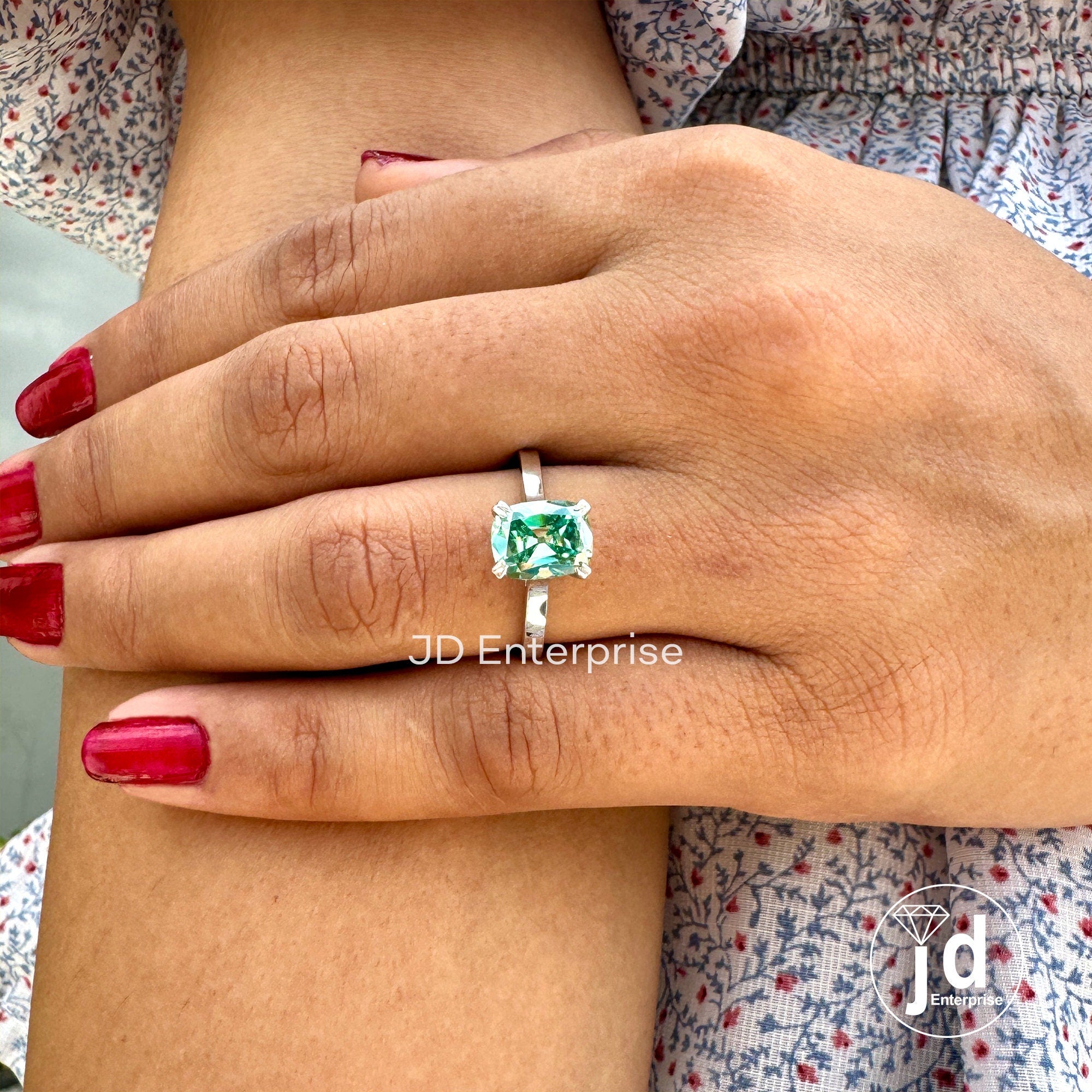2.10 CT Fancy Green Moissanite Engagement Ring, Elongated Old Mine Cushion Cut Moissanite Anniversary Ring, Solitaire Proposal Ring for Her