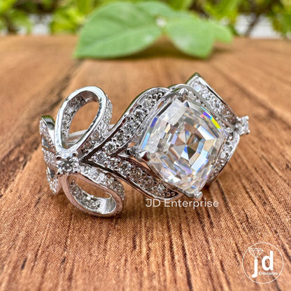 2.50 CT Step Cut Cushion Vintage Inspired Engagement Ring, Classic Bow Style Bridal Ring, Antique Moissanite Charm Ribbon Anniversary Ring