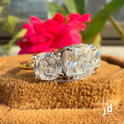 Three Stone Cushion Cut Moissanite Engagement Ring, Two-Tone Trilogy Ring, Square Cushion Wedding Ring, Anniversary Gifts Ring, Bridal Ring