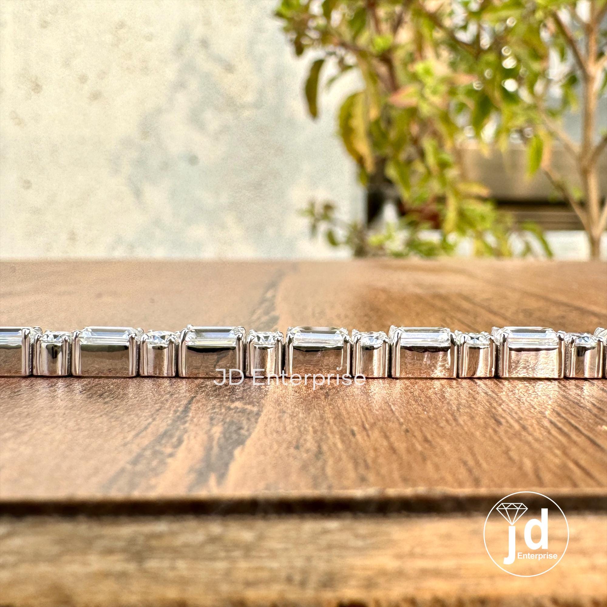 Moissanite Tennis Bracelet, East to West Set Emerald & Round Cut Wedding Bracelet, Box Lock Set, Engagement Bracelet for Women, Bridal Set