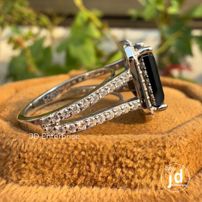 Emerald Cut Rich Deep Black Moissanite Halo Engagement Ring, Split Shank Pave Moissanite Wedding Ring for Her, Anniversary Gift, Bridal Ring