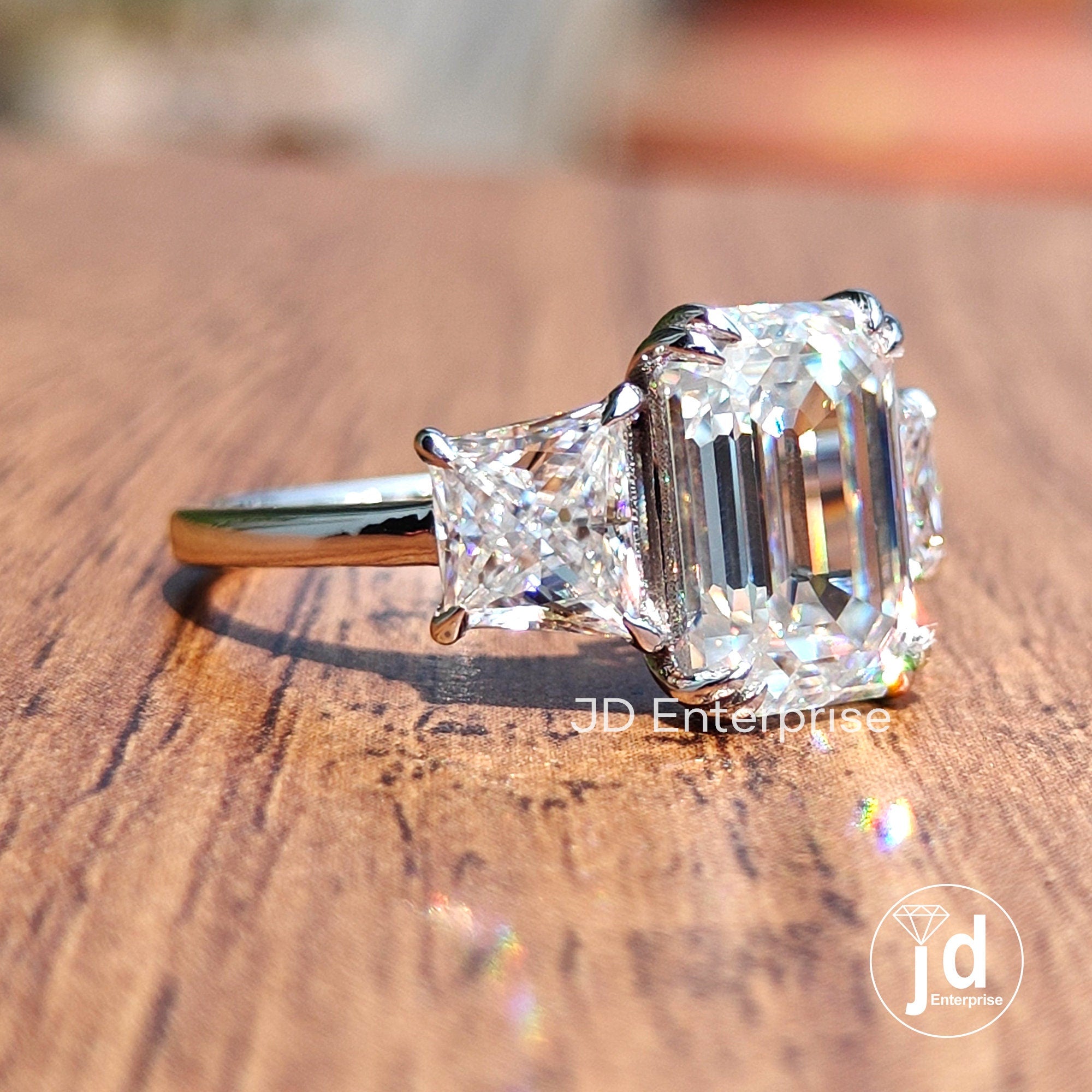 5.50 TW Old Mine Emerald Moissanite Engagement Ring, Side Trapezoid, Three Stone Wedding Ring, Double Claw Prongs Anniversary Ring, Bridal