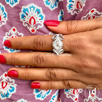 2.50 CT Step Cut Cushion Vintage Inspired Engagement Ring, Classic Bow Style Bridal Ring, Antique Moissanite Charm Ribbon Anniversary Ring