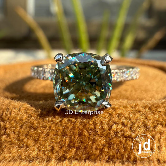 Cushion Moissanite Wedding Ring, 1.50 CT Blue Green Moissanite Bridal Ring, Accent Set Engagement Ring, 10K White Gold Anniversary Gift Ring