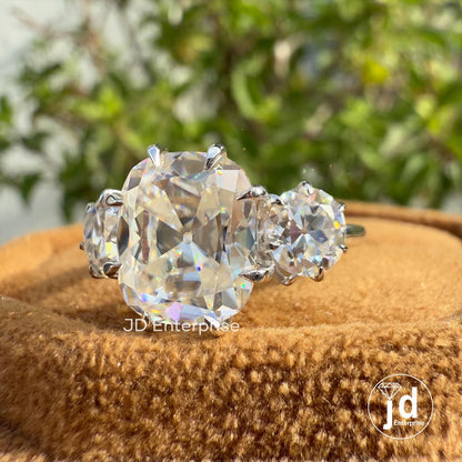 4.80 TW Colorless Cushion and Round Old Mine Cut Moissanite Ring, Vintage Style Three Stone Engagement Ring, Wedding Ring, Anniversary Gifts