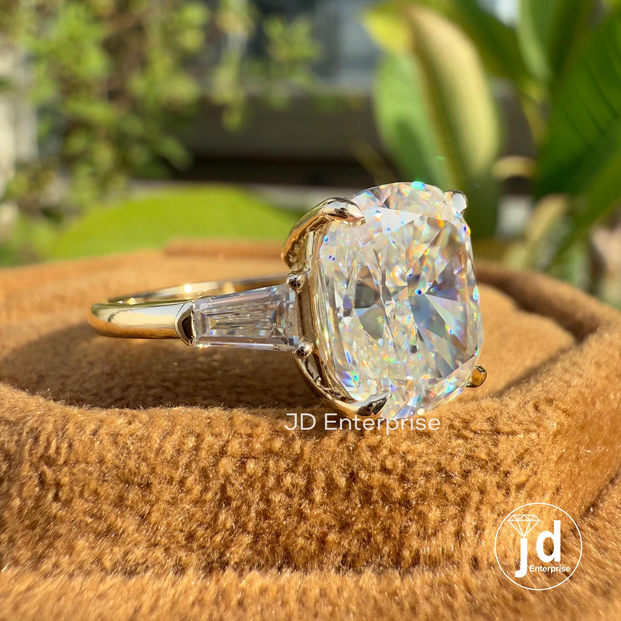 Cushion Cut Moissanite Engagement Ring, Three Stone Wedding Ring, Tapered Baguette Cocktail Ring, 3 Stone Trilogy Ring, Anniversary Gifts