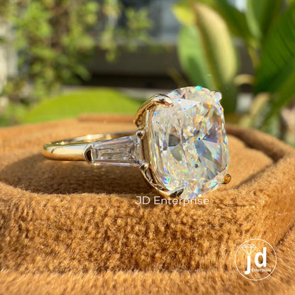 Cushion Cut Moissanite Engagement Ring, Three Stone Wedding Ring, Tapered Baguette Cocktail Ring, 3 Stone Trilogy Ring, Anniversary Gifts