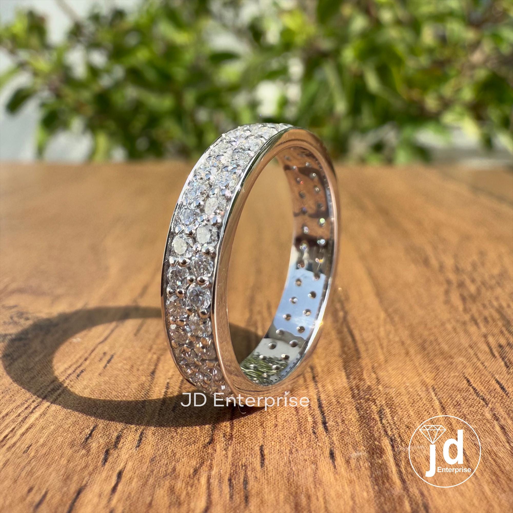 Round Moissanite Band, Colorless Moissanite Wedding Band, Double Row Eternity Band, Full Eternity Engagement Band, Stackable Matching Band