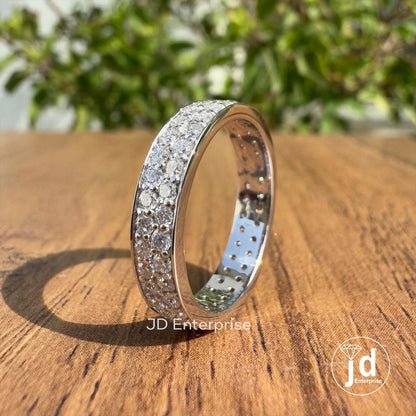 Round Moissanite Band, Colorless Moissanite Wedding Band, Double Row Eternity Band, Full Eternity Engagement Band, Stackable Matching Band
