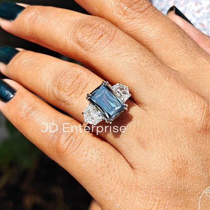 Three Stone Engagement Ring, Large 5.50 CT Criss Cut Grey Moissanite Wedding Ring, Cadillac Cut Cocktail Ring, Trilogy Ring, Bridal Ring