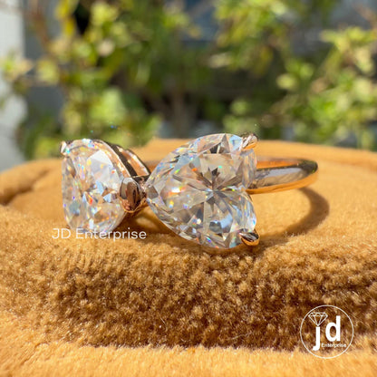 Two Stone Moissanite Ring, 3.00 TCW Heart Shape Moissanite Wedding Ring, Bow Tie Engagement Ring, Promise Ring, Bridal Ring, Rose Gold Ring