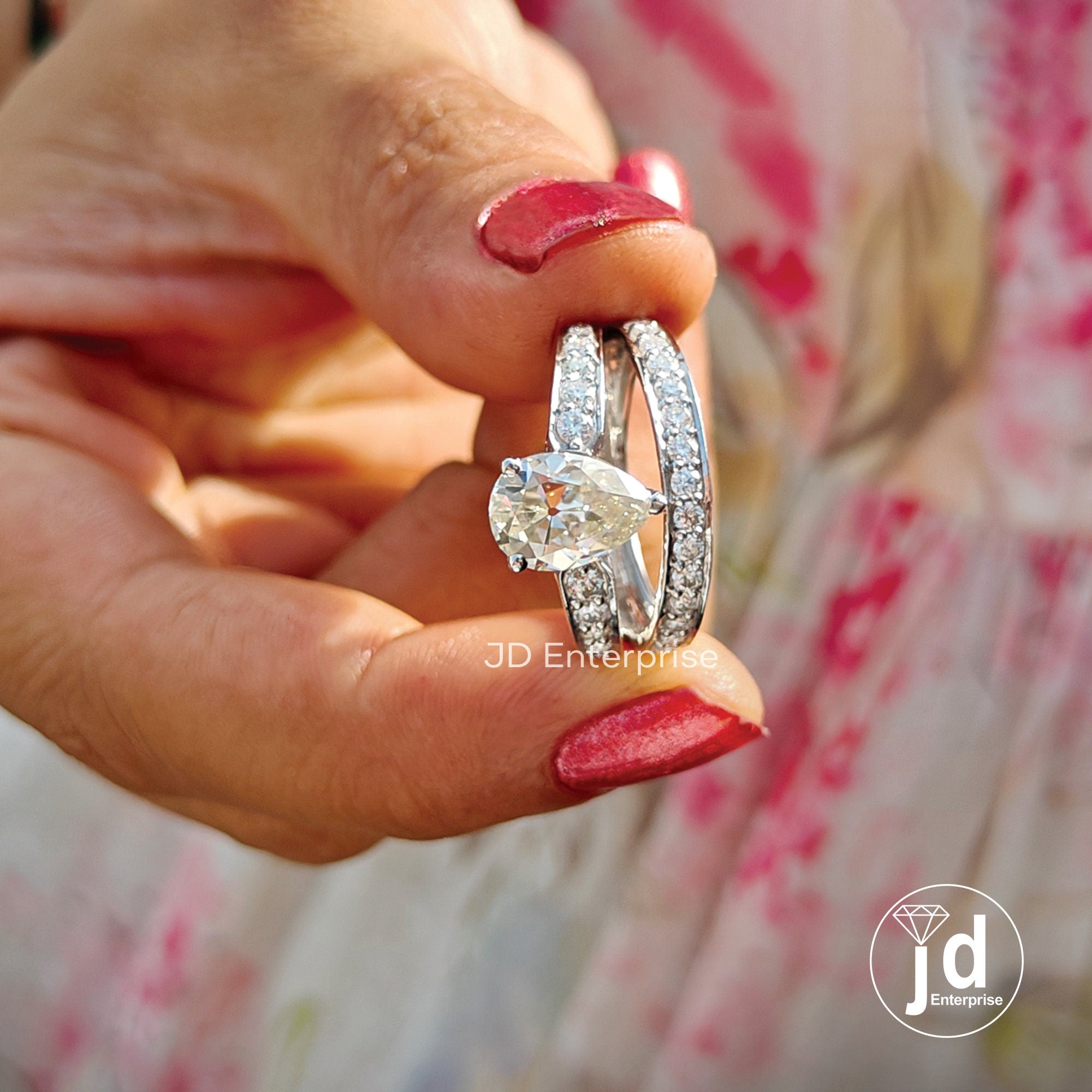 2.00 CT Near Colorless Old Mine Pear Cut Moissanite Engagement Ring, Vintage Split Pave Wedding Ring, Vintage Bridesmaid Ring, Accent Ring