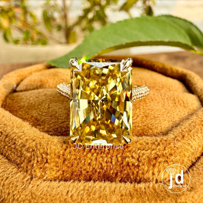 8.00 CT Big Radiant Cut Canary Yellow Moissanite Engagement Ring, Three Side Pave Wedding Ring, Hidden Halo Bridal Ring, Peekaboo Setting