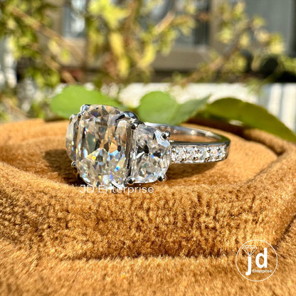 Old Mine Cushion Moissanite Ring, 3.50 TCW Moissanite Engagement Ring, Three Stone Wedding Ring, Halfmoon with Accent Stone, Bridal Ring