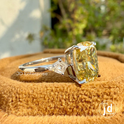 2.50 CT Cushion Canary Yellow Moissanite Ring, Three Stone Engagement Ring, Side Kite Cut, Wedding Ring, Propose Ring, Anniversary Gift