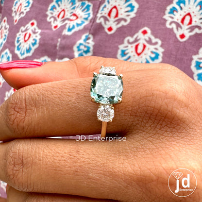 4.00TCW Cushion Cut Blue Green Moissanite Three Stone Engagement Ring, 10k Yellow Gold Bridal Ring, Cocktail Anniversary Ring, Wedding Ring
