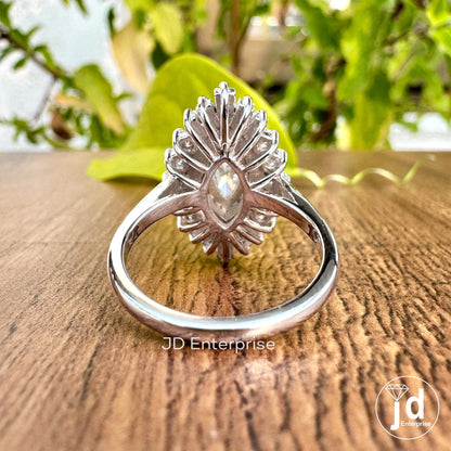 Celebrity Style Marquise Moissanite Engagement Ring, 2.15 TW Baguette and Round Cut Double Halo Wedding Ring, Starburst Halo Bridal Ring