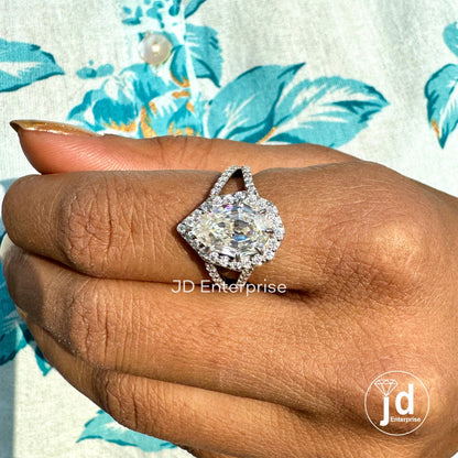 3.50 TCW Colorless Step Cut Pear Moissanite Engagement Ring, Round Halo Wedding Ring, Pave Set Split Shank Anniversary Ring, Bridal Ring Set