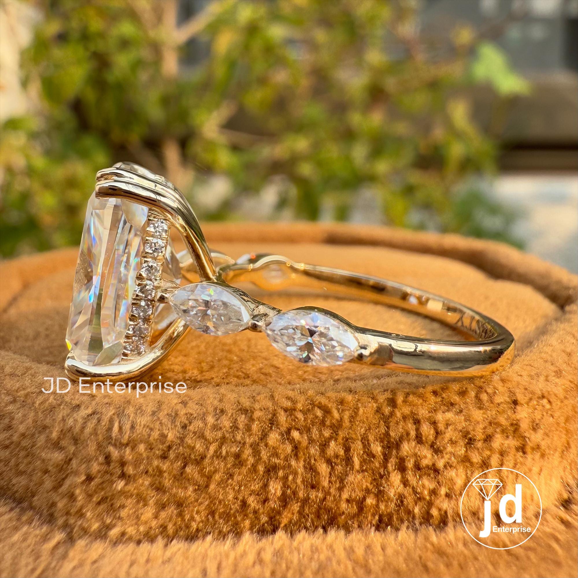 5.00 CT Colorless Elongated Cushion Cut Engagement Ring, Marquise Accent Stone Wedding Ring, Hidden Halo Ring, Anniversary Gift Ring