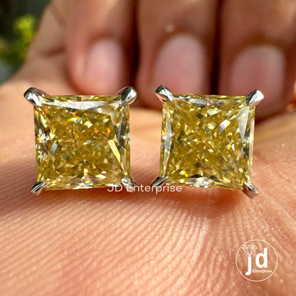 4.00 TCW Princess Cut Canary Yellow Moissanite Earrings, Anniversary Stud Earrings for Women, Push/Screw Back Princess Wedding Stud Earrings