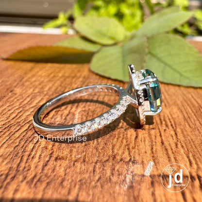 3 CT Bluegreen Moissanite Anniversary Ring, Step Cut Oval Wedding Ring, Halo Engagement Ring, Round Assent Set Bridal Ring, Proposal Ring