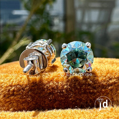 2.00 TCW Antique OEC Round Cyan Blue Moissanite Stud Vintage Style 10K White Gold Earrings, Old European Cut Moissanite Earrings, Screw Back