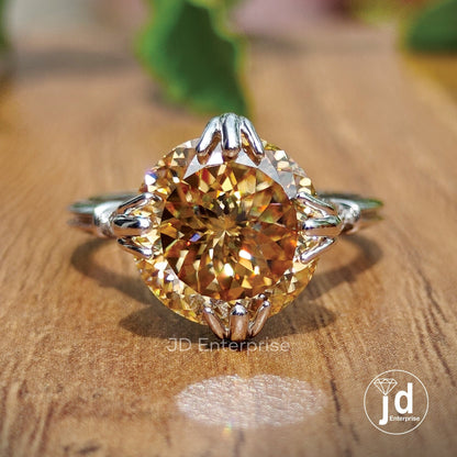5.05 CT Portuguese Champagne Moissanite Engagement Ring, Milgrain Wedding Ring, Fish Tail Prongs, Round Accent Bridal Ring, Anniversary Ring