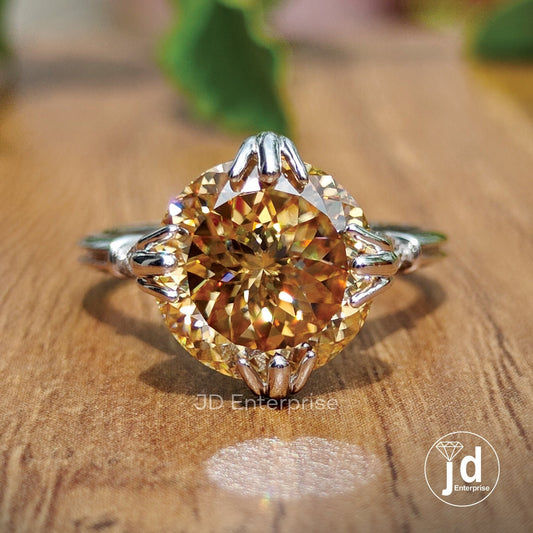 5.05 CT Portuguese Champagne Moissanite Engagement Ring, Milgrain Wedding Ring, Fish Tail Prongs, Round Accent Bridal Ring, Anniversary Ring