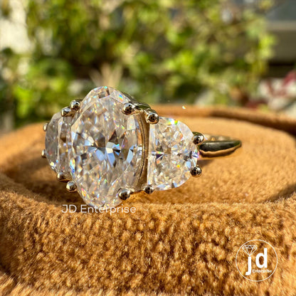 3.33 TCW Oval Cut Moissanite Engagement Ring, Side Stone Half Moon, Yellow Gold Three Stone Wedding Ring, Anniversary Ring, Trilogy Ring