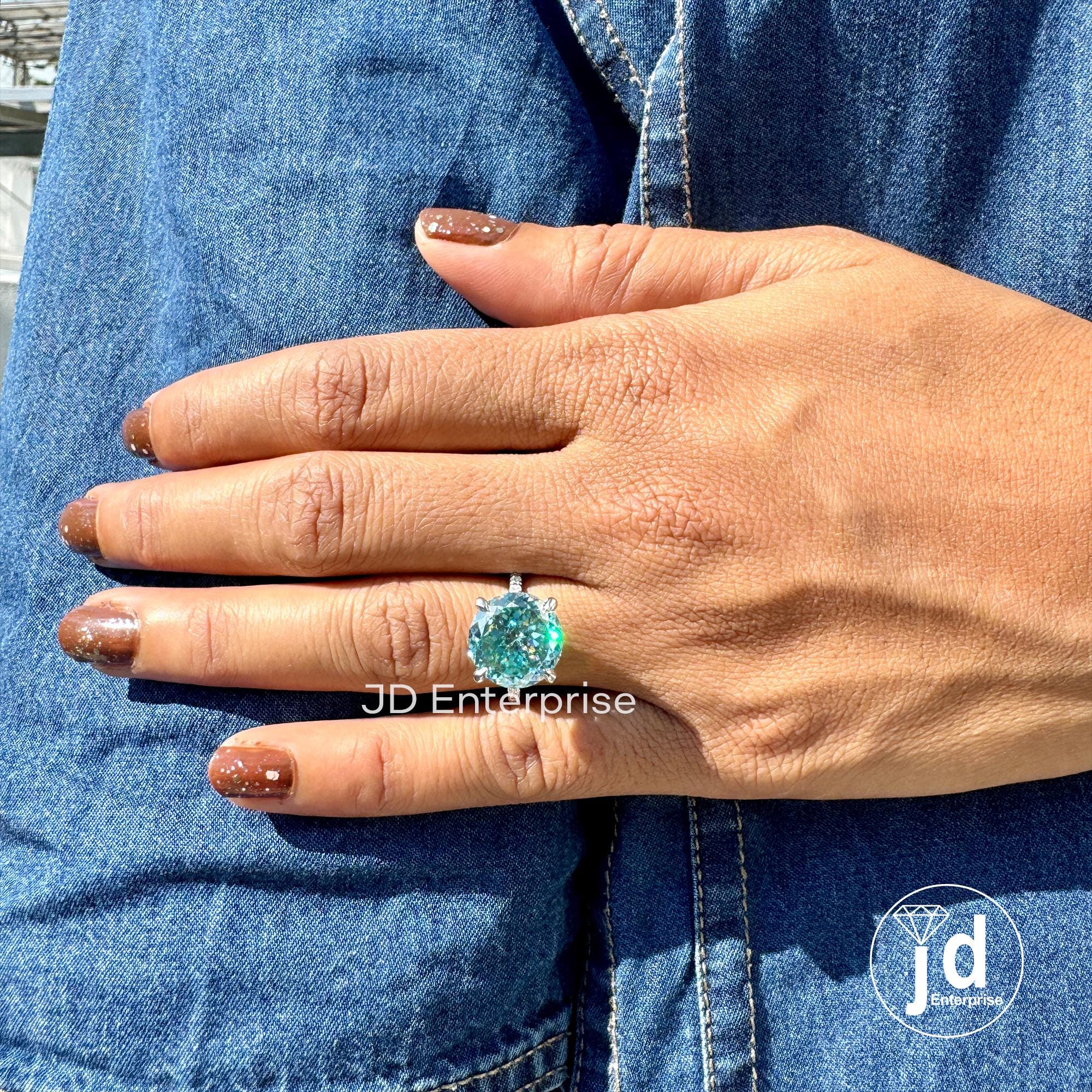 7.50 CT Sparkling Portuguese Cut Cyan Blue Moissanite Engagement Ring, Hidden Halo Ring, Eternity Pave Wedding Ring, Anniversary Gift Ring