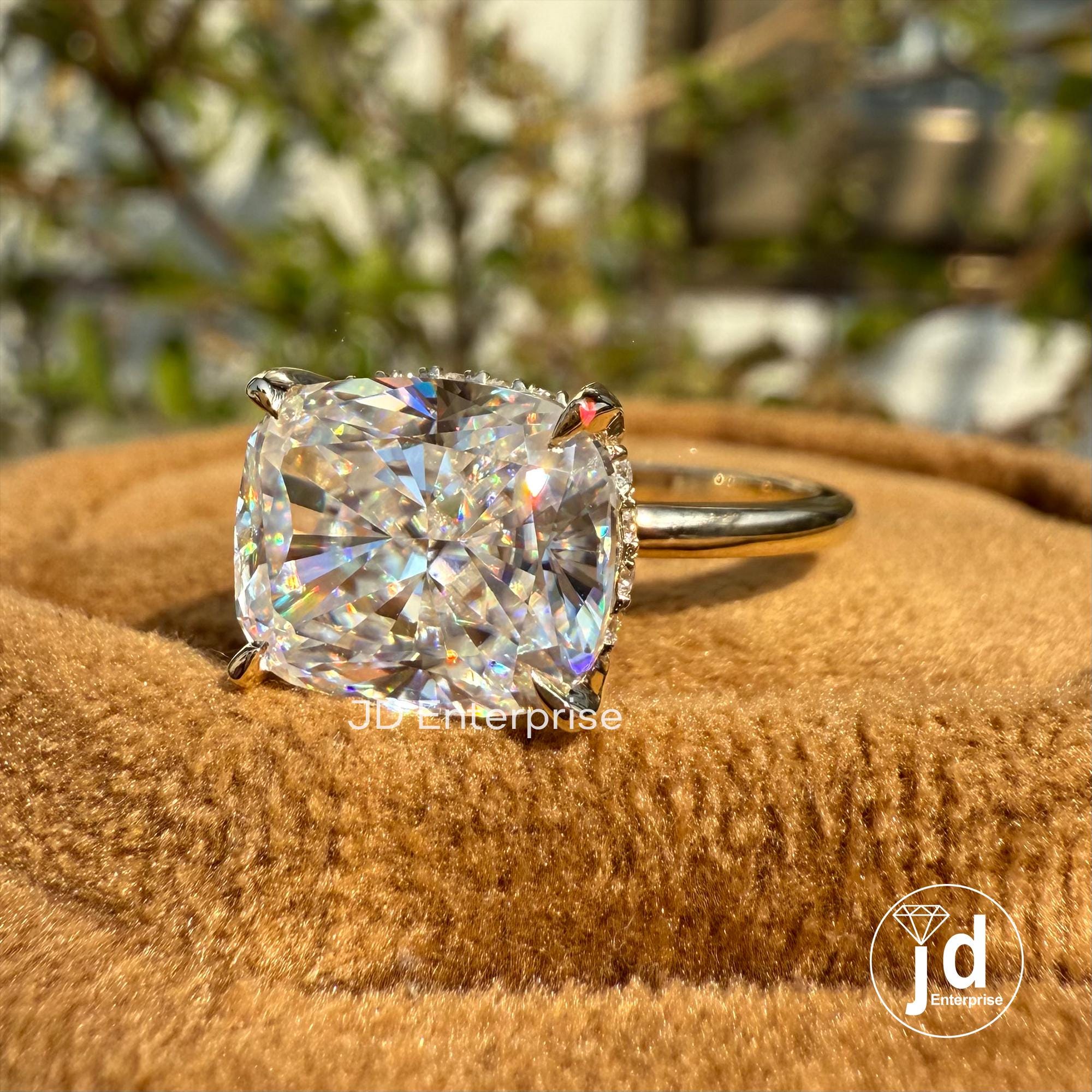 Solitaire Engagement Ring, 4.00 CT Cushion Cut Moissanite East to West Set Hidden Halo Wedding Ring, Anniversary Gifts, 10k Yellow Gold Ring