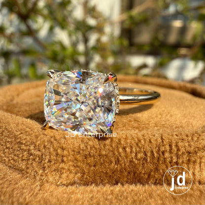 Solitaire Engagement Ring, 4.00 CT Cushion Cut Moissanite East to West Set Hidden Halo Wedding Ring, Anniversary Gifts, 10k Yellow Gold Ring
