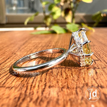 Canary Yellow 2.00 CT Step Cut Dutch Marquise Moissanite Hidden Halo Engagement Ring, Solitaire Wedding Ring, Six Claw Prong White Gold Ring