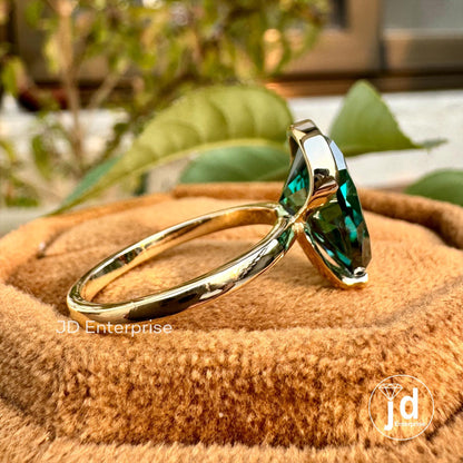 4.50CT Pear Green Moissanite Engagement Ring, Half Bezel Set Wedding Ring, Solitaire Bridal Ring, Celebrity Style Statement Anniversary Ring