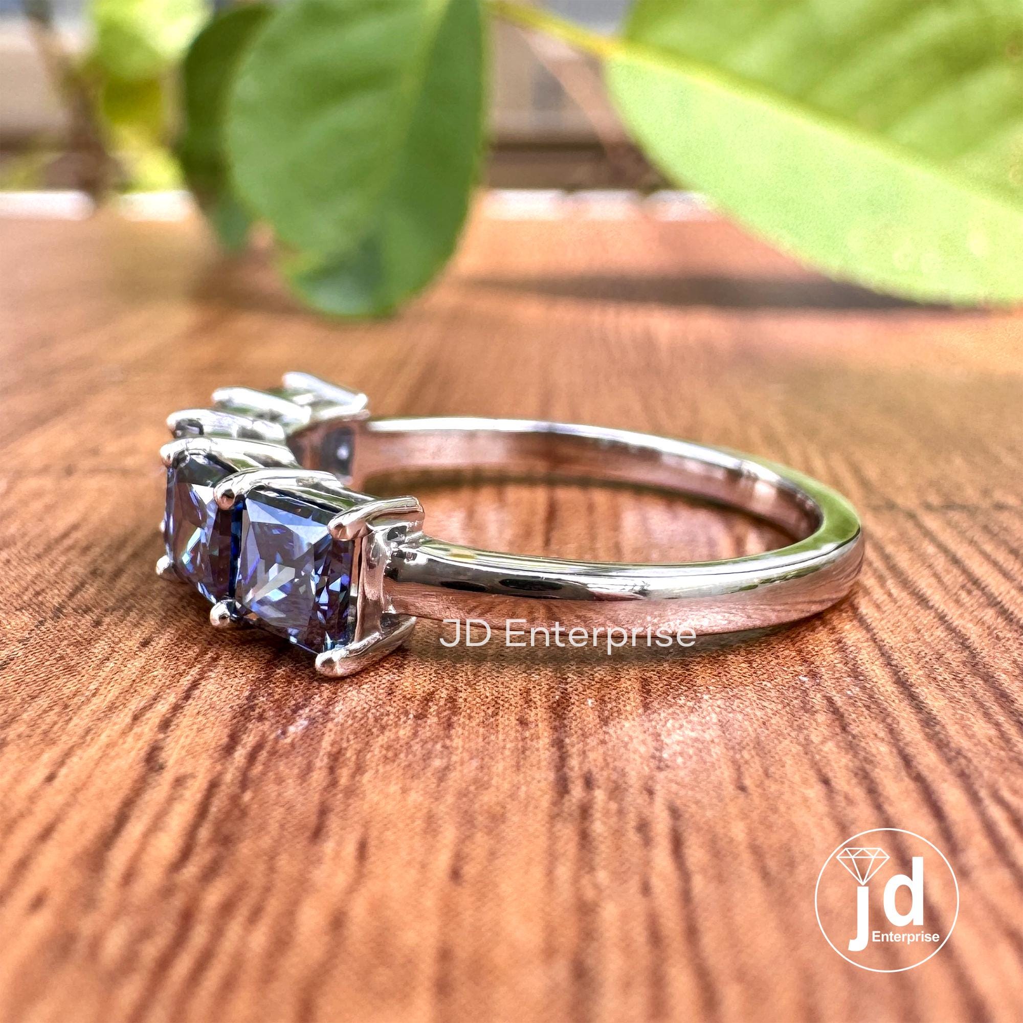 1.50 TCW Princess Cut Dark Blue Moissanite Five Stone Engagement Band, Wedding Band, Matching Anniversary Band, Stackable Band