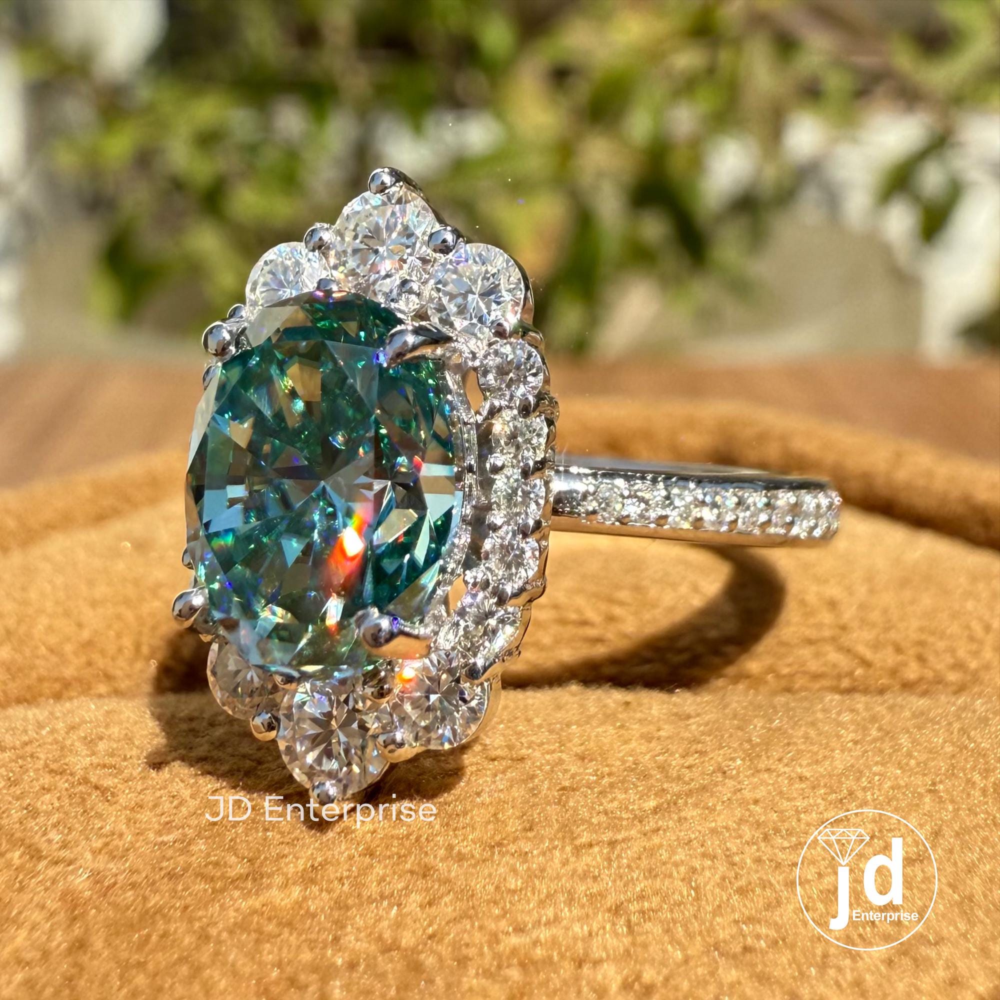 2.00 CT Cyan Blue Moissanite Oval Cut Engagement Ring, Flower Style Halo Wedding Ring, Accent Ring, Tapper Shank Pave Set Ring, Bridal Ring