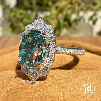 2.00 CT Cyan Blue Moissanite Oval Cut Engagement Ring, Flower Style Halo Wedding Ring, Accent Ring, Tapper Shank Pave Set Ring, Bridal Ring