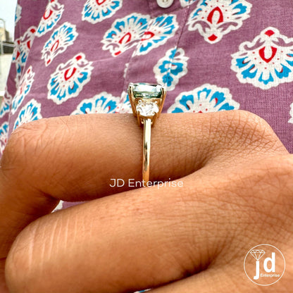 4.00TCW Cushion Cut Blue Green Moissanite Three Stone Engagement Ring, 10k Yellow Gold Bridal Ring, Cocktail Anniversary Ring, Wedding Ring