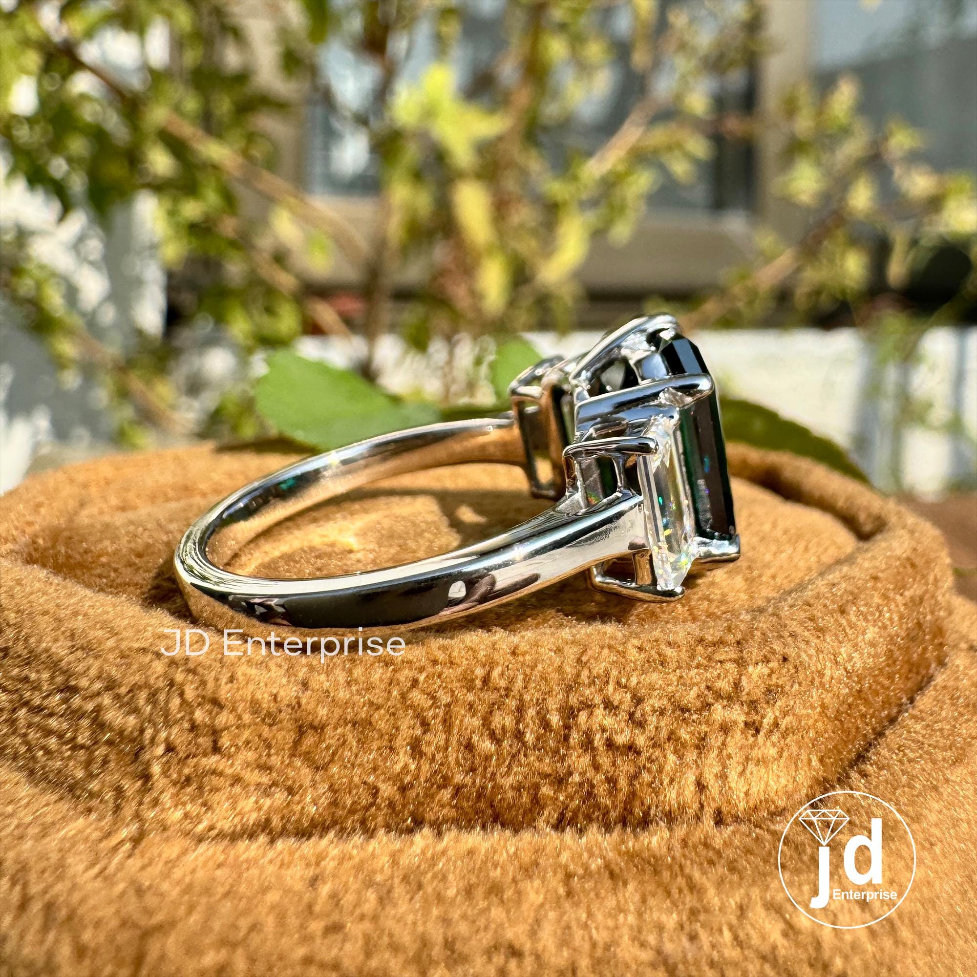 6.00 TW Emerald Cut Fancy Dark Green Moissanite Engagement Ring, Three Stone Wedding Ring, Side Stone Baguette, Anniversary Gift Bridal Ring