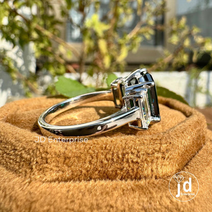 6.00 TW Emerald Cut Fancy Dark Green Moissanite Engagement Ring, Three Stone Wedding Ring, Side Stone Baguette, Anniversary Gift Bridal Ring
